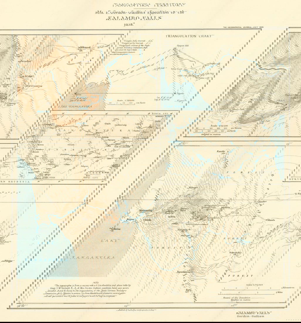Kalambo Falls Expedition. Tanganyika Tanzania Zambia RGS/Gordon-Gallien 1929 map: Title: Kalambo Falls Expedition. Tanganyika Tanzania Zambia RGS/Gordon-Gallien 1929 map Description: Tanganyika Territory. Mrs. E. Gordon-Gallien's expedition to the Kalambo Falls, 1928'. A 1928 map
