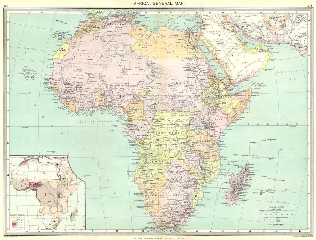 AFRICA. Africa. General Map; Inset map of Population map 1907 old antique: Title: AFRICA. Africa. General Map; Inset map of Population map 1907 old antique Description: Africa: General Map; Inset map of Population map' by Harmsworth. Published 1907. Colour antique map.