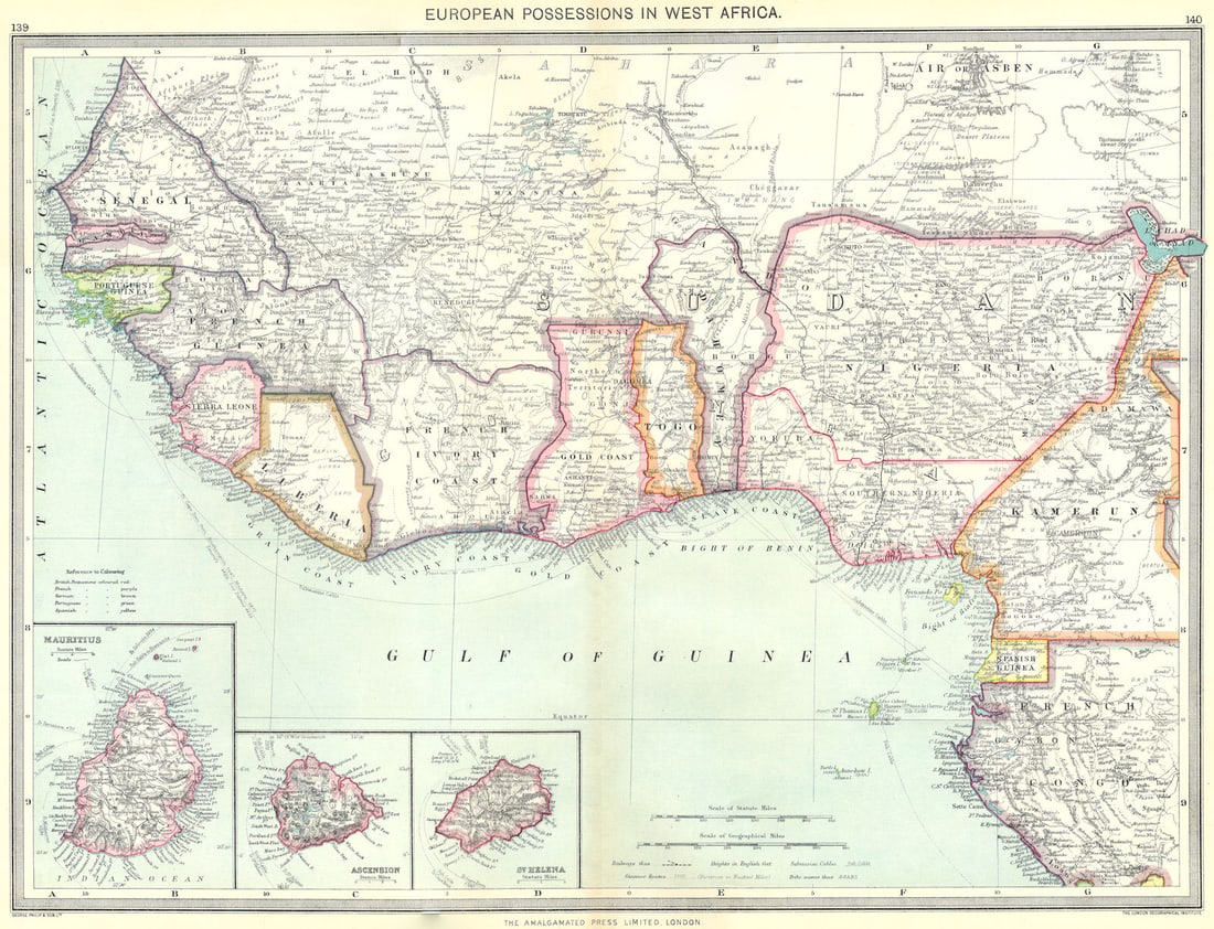 WEST AFRICA. European colonies; Mauritius; Ascension; St Helena 1907 old map: Title: WEST AFRICA. European colonies; Mauritius; Ascension; St Helena 1907 old map Description: European Possessions in West Africa; Inset maps of Mauritius; Ascension; St Helena' by Harmsworth. Publ