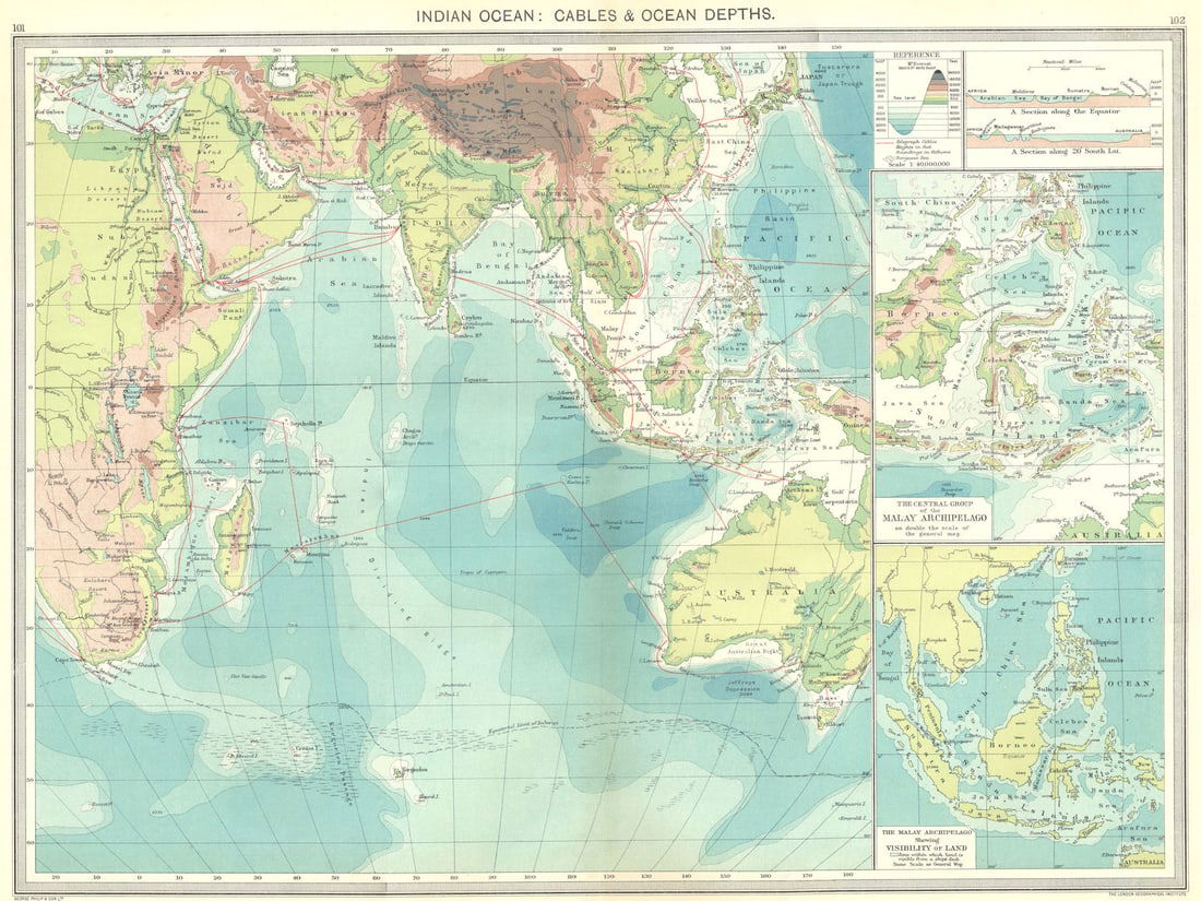 INDIAN OCEAN. Cables & depths; Malay Archipelago 1907 old antique map chart: Title: INDIAN OCEAN. Cables & depths; Malay Archipelago 1907 old antique map chart Description: Indian Ocean; Cables and Ocean depths; Inset maps of The Central group Mlay Archipelago; The Malay