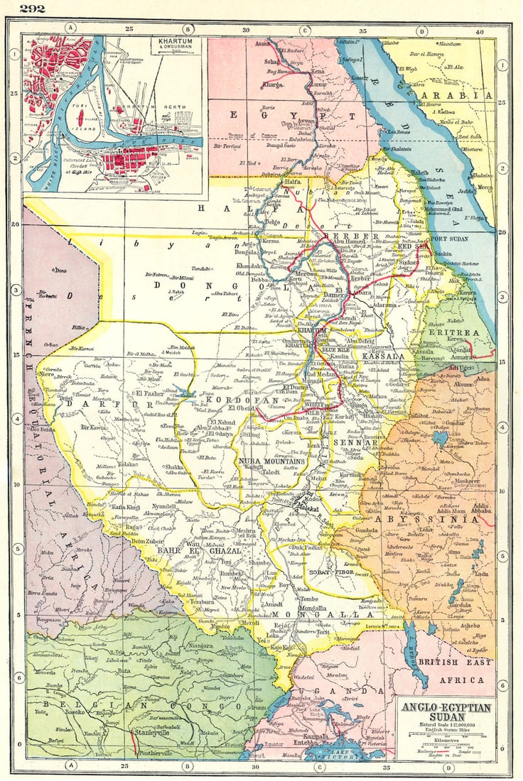 SUDAN. Anglo–Egyptian Sudan; inset Khartoum & Omdurman. HARMSWORTH 1920 map (1 of 1)