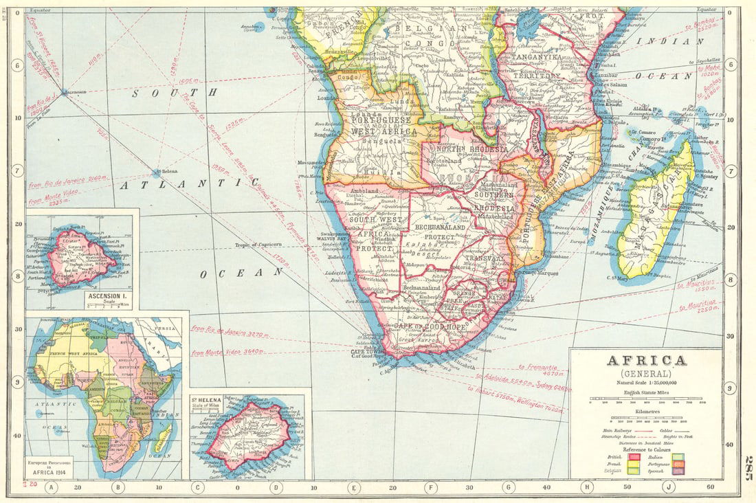 SOUTHERN AFRICA.Inset Ascension Is.; European colonies 1914;St Helena 1920 map: Title: SOUTHERN AFRICA.Inset Ascension Is.; European colonies 1914;St Helena 1920 map Description: Africa (General); Inset map of Ascension 1.; European possessions in Africa 1914; St. Helena' by Harm