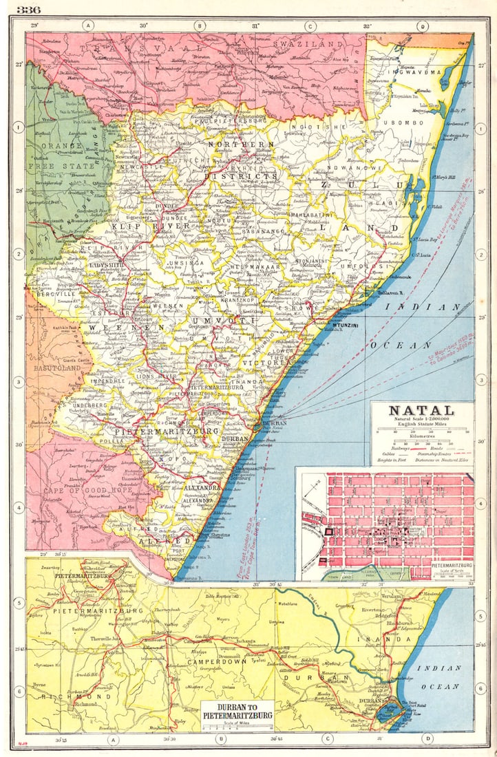 NATAL. Inset Pietermaritzburg city plan. Railways. Durban. HARMSWORTH 1920 map: Title: NATAL. Inset Pietermaritzburg city plan. Railways. Durban. HARMSWORTH 1920 map Description: Natal; Inset map of Pietermaritzburg; Durban to Pietermaritzburg' by Harmsworth. Published 1920.