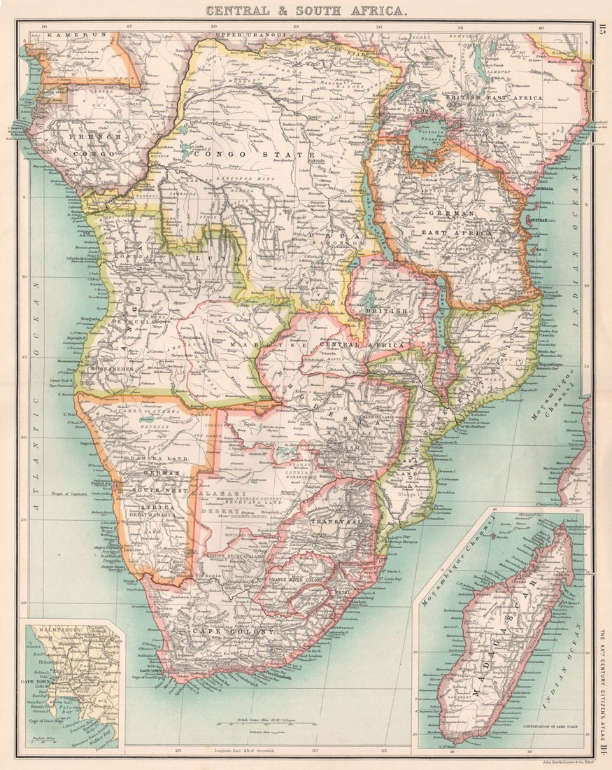 SOUTHERN AFRICA. Congo British Portuguese German East Africa Rhodesia 1901 map: Title: SOUTHERN AFRICA. Congo British Portuguese German East Africa Rhodesia 1901 map Description: Central & South Africa; Cape town; Madagascar' by Bartholomew, John. Published 1901. Antique colo