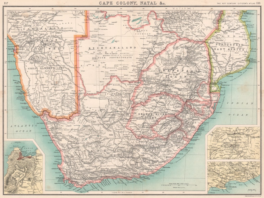 AFRICA S. Cape Colony Natal Bechuanaland Orange River Colony Transvaal 1901 map: Title: AFRICA S. Cape Colony Natal Bechuanaland Orange River Colony Transvaal 1901 map Description: Cape Colony, Natal &c.; Inset maps of Cape Town; Heidelberg; Uitenhage' by Bartholomew, John.
