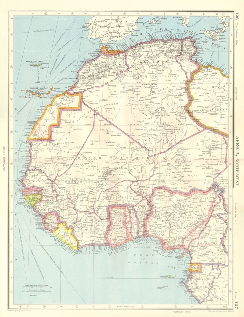 AFRICA. French West Africa. Rio de Oro Rio Muni Nigeria. BARTHOLOMEW 1952 map: Title: AFRICA. French West Africa. Rio de Oro Rio Muni Nigeria. BARTHOLOMEW 1952 map Description: Africa, North-West' by Bartholomew, John. Published 1952. Vintage colour map. Scale 1:12,000,000.