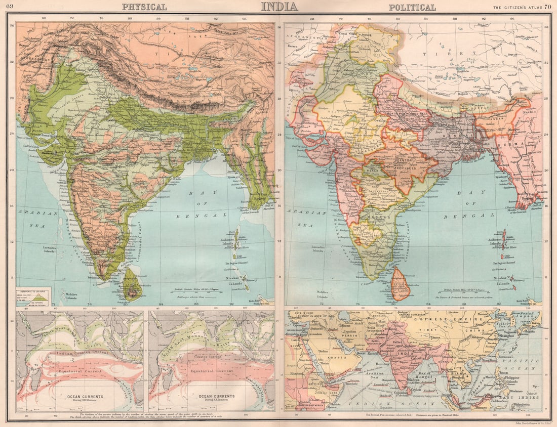 BRITISH INDIA PHYSICAL & POLITICAL. Indian Ocean currents. BARTHOLOMEW 1898 map (1 of 1)