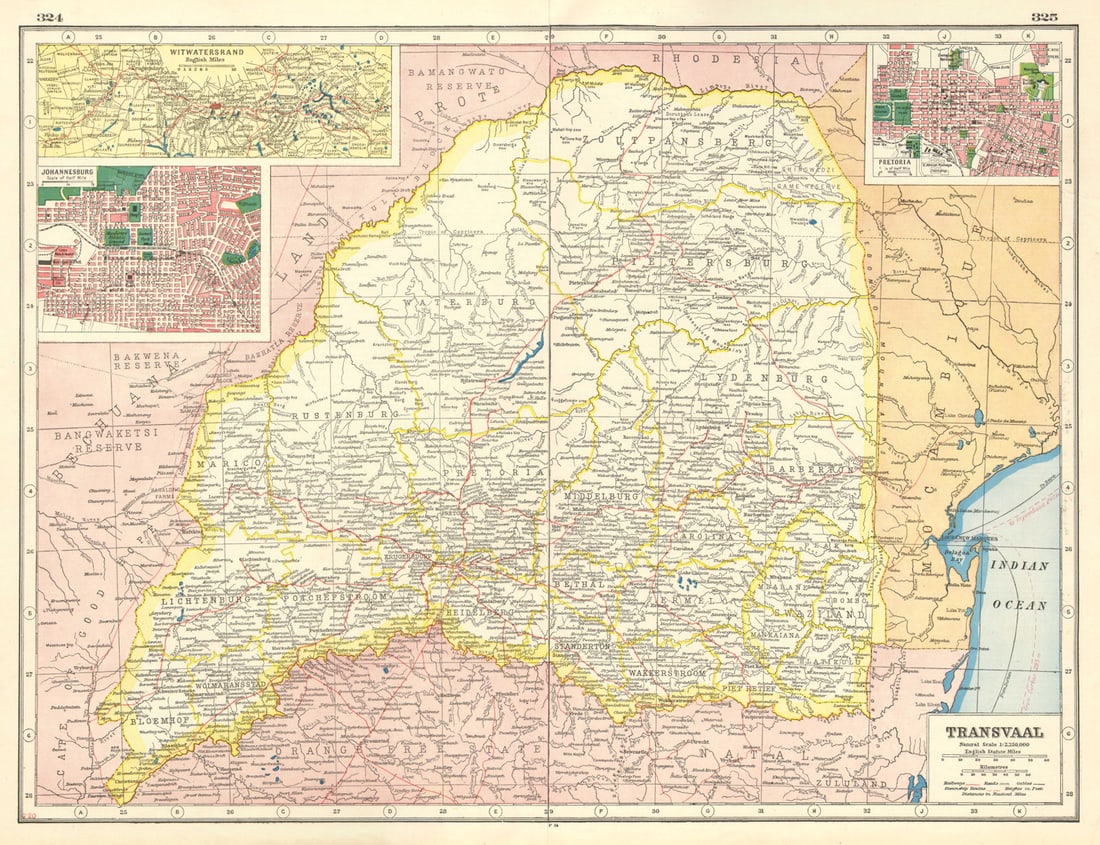 TRANSVAAL. South Africa. Inset Witwatersrand, Johannesburg & Pretoria 1920 map: Title: TRANSVAAL. South Africa. Inset Witwatersrand, Johannesburg & Pretoria 1920 map Description: Transvaal; Inset Witwatersrand; Johannesburg; Pretoria' by Harmsworth. Published 1920. Vintage colour
