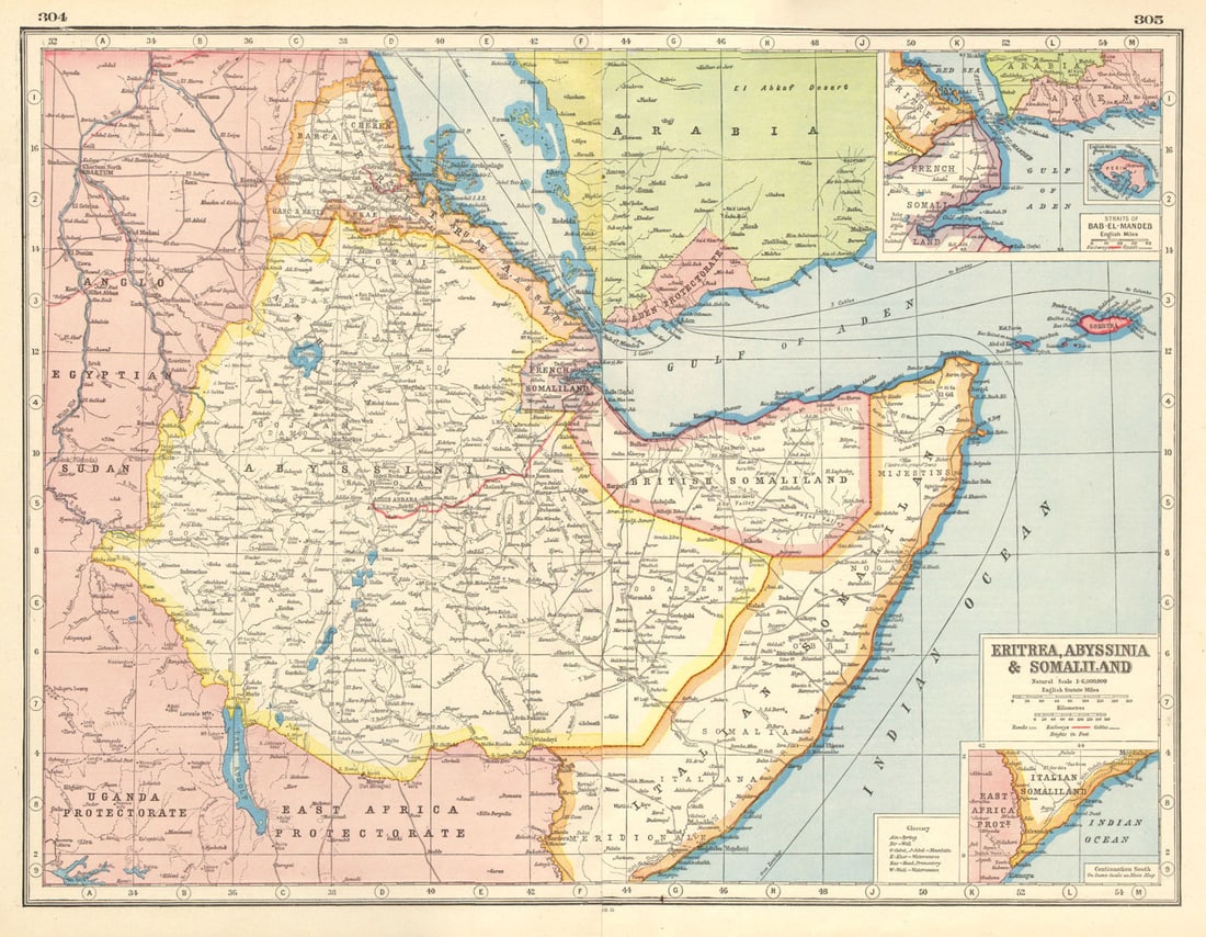 EAST AFRICA. Eritrea Abyssinia British Italian French Somaliland Aden 1920 map: Title: EAST AFRICA. Eritrea Abyssinia British Italian French Somaliland Aden 1920 map Description: Eritrea, Abyssinia & Somaliland; Inset map of Straits of Bab-el–Mandeb; Indian ocean' by Ha