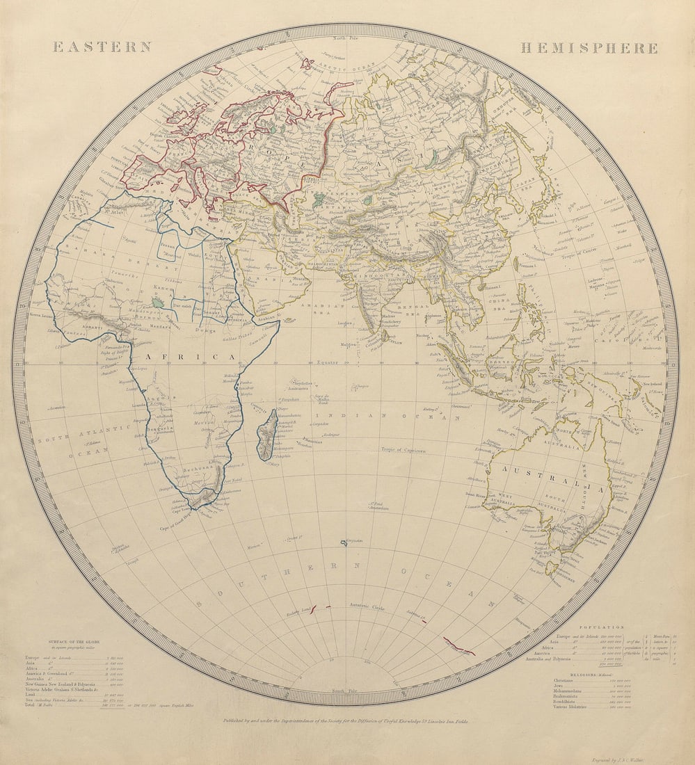 EASTERN HEMISPHERE Europe Africa.Mountains of Kong.Asia Australia.SDUK 1844 map (1 of 1)