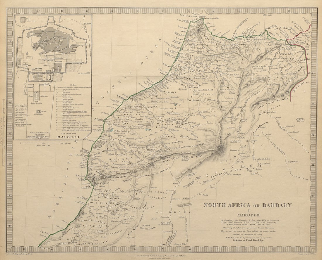 MOROCCO 'North Africa or Barbary' Marocco. Marrakech town plan. SDUK 1844 map: Title: MOROCCO 'North Africa or Barbary' Marocco. Marrakech town plan. SDUK 1844 map Description: NORTH AFRICA OR BARBARY, I., MAROCCO.; inset City of Marocco'. Cartography by Jackson, Washington, Gra