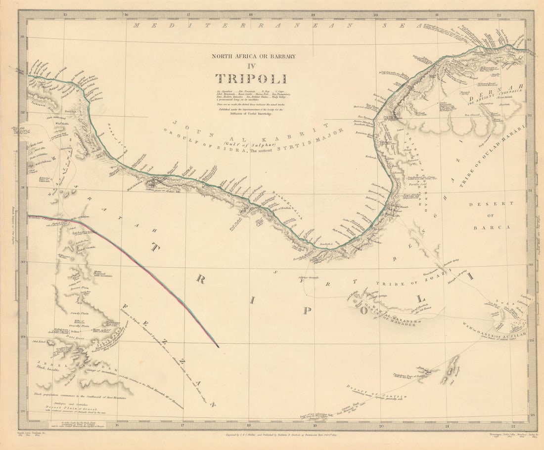 LIBYA.GULF OF SIDRA SIRTE. North Africa or Barbary.Tripoli Fezzan.SDUK 1844 map: Title: LIBYA.GULF OF SIDRA SIRTE. North Africa or Barbary.Tripoli Fezzan.SDUK 1844 map Description: NORTH AFRICA OR BARBARY, IV., TRIPOLI'. Cartography by Smyth, Lyon, Denham &c; engraved by J & C Wal