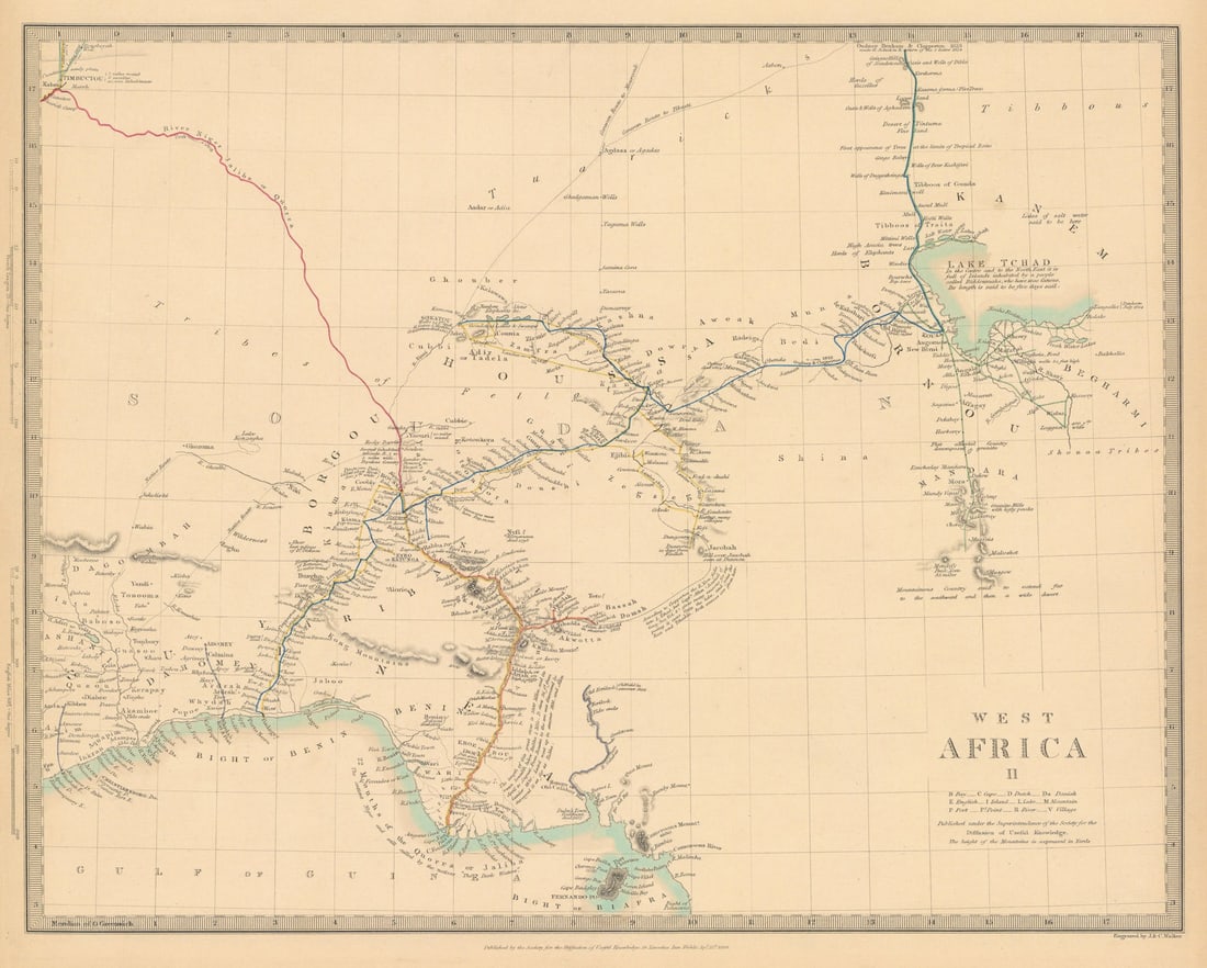 NIGERIA w/ early explorers' routes. Lake Chad Yariba Houssa Borgou.SDUK 1844 map: Title: NIGERIA w/ early explorers' routes. Lake Chad Yariba Houssa Borgou.SDUK 1844 map Description: WEST AFRICA, II., Central: Bight of Benin to Lake Tchad'. The map shows the routes followed by