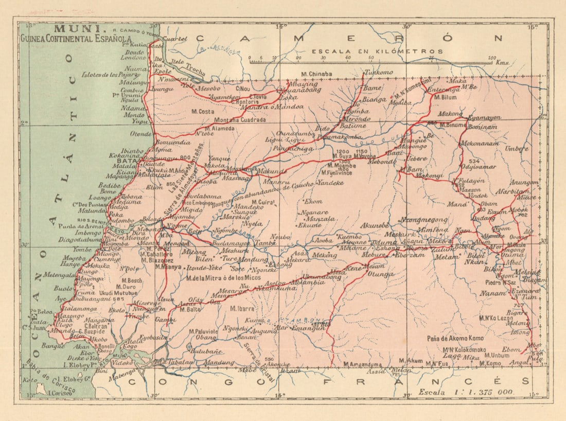 EQUATORIAL GUINEA ECUATORIAL. Muni Guinea continental Espanola. MARTIN c1911 map (1 of 1)