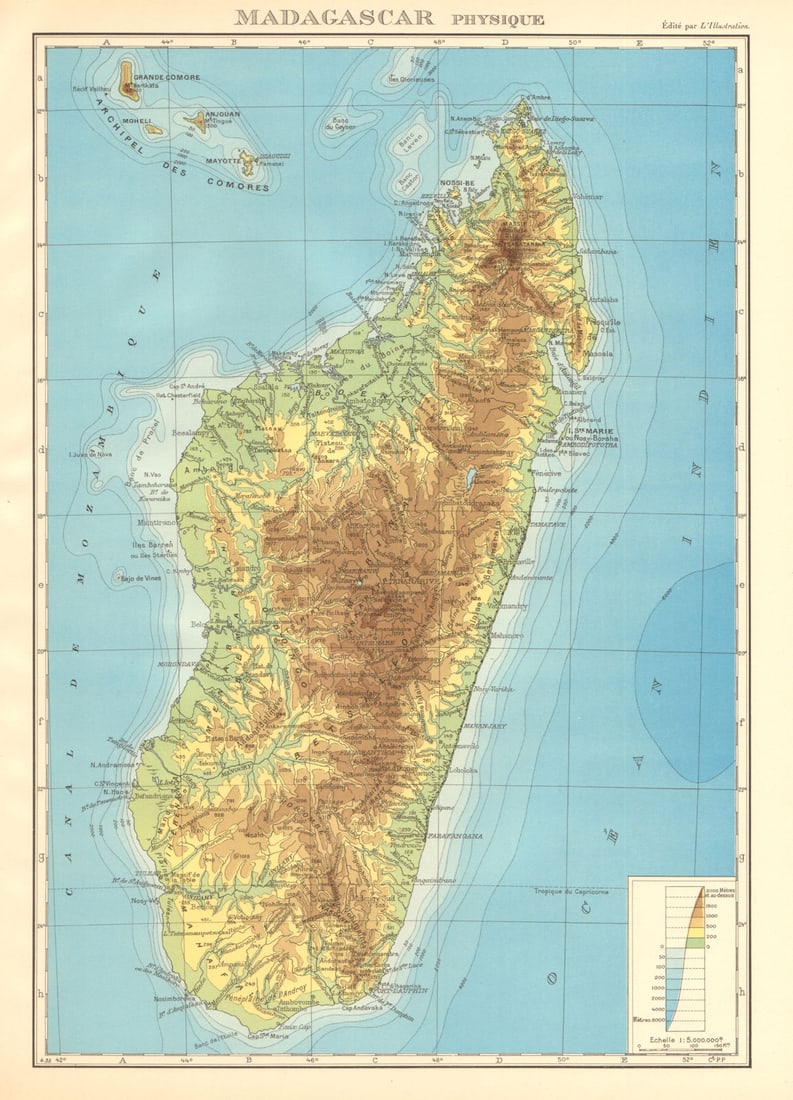 COLONIAL MADAGASCAR. Physique physical. Comoros & Mayotte 1938 old vintage map: Title: COLONIAL MADAGASCAR. Physique physical. Comoros & Mayotte 1938 old vintage map Description: Madagascar - Physique'. Commandant P. Pollacchi. Published 1938. Vintage atlas map. Size 37 x 26 cm |