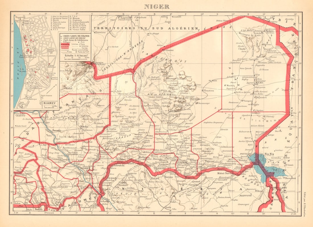 COLONIAL NIGER. Niamey city plan de la ville. French West Africa 1938 old map: Title: COLONIAL NIGER. Niamey city plan de la ville. French West Africa 1938 old map Description: Niger. Inset: Niamey'. Commandant P. Pollacchi. Published 1938. Vintage atlas map. Size 26 x 36 cm | 1