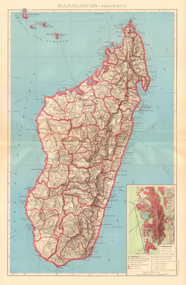 COLONIAL MADAGASCAR. Tananarive/Antananarivo city plan. Comoros Mayotte 1938 map: Title: COLONIAL MADAGASCAR. Tananarive/Antananarivo city plan. Comoros Mayotte 1938 map Description: Madagascar - Politique. Inset: Tananarive'. Commandant P. Pollacchi. Published 1938. Vintage atlas