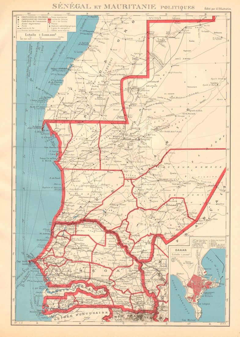FRENCH WEST AFRICA. Senegal & Mauritanie/Mauritania. Dakar plan 1938 old map (1 of 1)