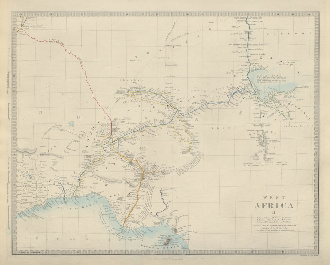 NIGERIA explorers' routes. Lander Clapperton Oudney Denham Allen. SDUK 1874 map: Title: NIGERIA explorers' routes. Lander Clapperton Oudney Denham Allen. SDUK 1874 map Description: WEST AFRICA, II., Central: Bight of Benin to Lake Tchad' by S.D.U.K. - Society for the Diffusion of