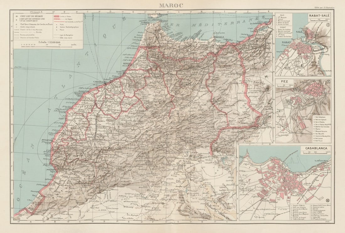 FRENCH MOROCCO. Maroc Protectorat français. Rabat Fez Casablanca plans 1929 map: Title: FRENCH MOROCCO. Maroc Protectorat français. Rabat Fez Casablanca plans 1929 map Description: Maroc. Inset: Rabat-Salé; Fez; Casablanca'. Commandant P. Pollacchi. Published 1929. Vinta