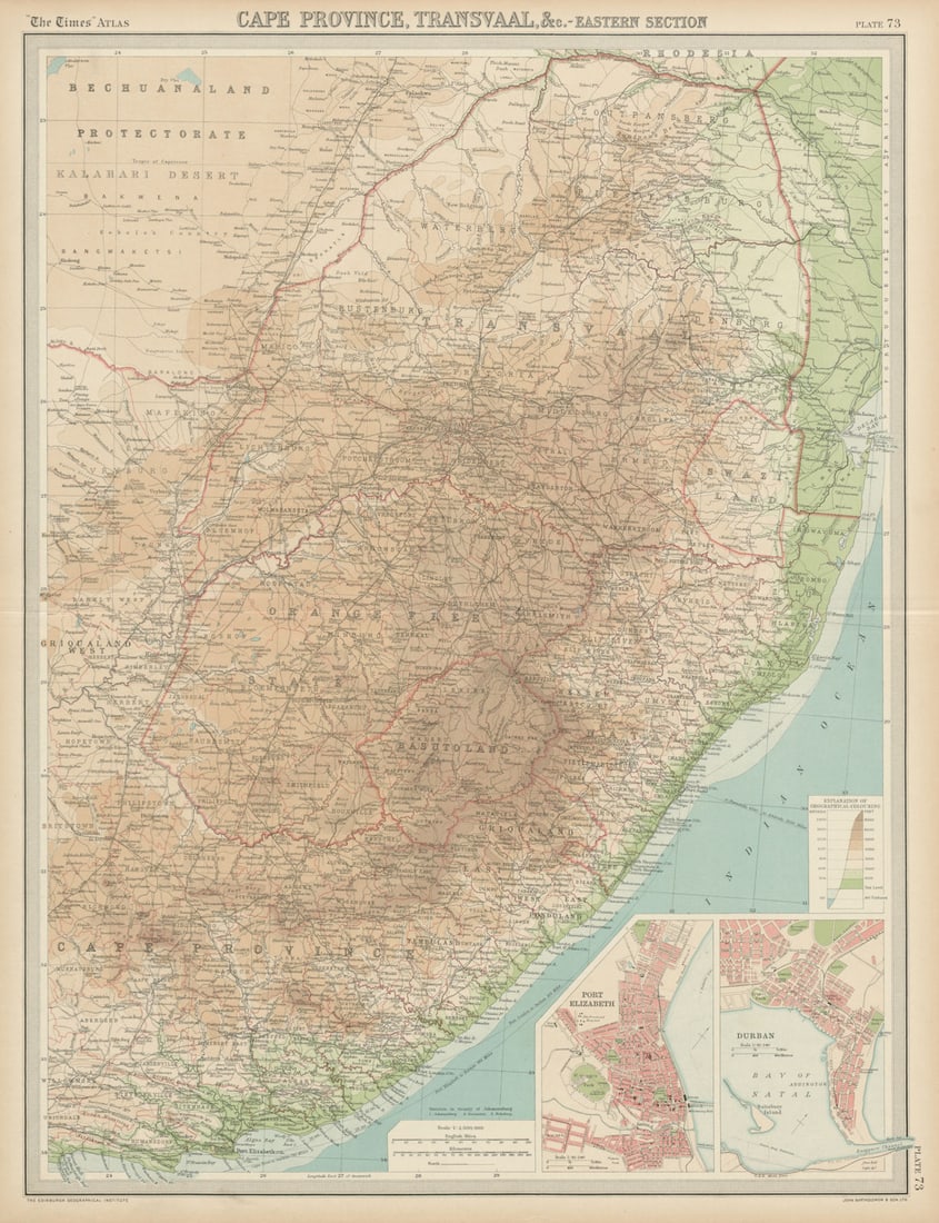 Colonial Southeast Africa. Port Elizabeth Durban. Cape Transvaal. TIMES 1922 map: Title: Colonial Southeast Africa. Port Elizabeth Durban. Cape Transvaal. TIMES 1922 map Description: Cape Province, Transvaal & eastern section'. J. G. Bartholomew. Published 1922. Antique atlas