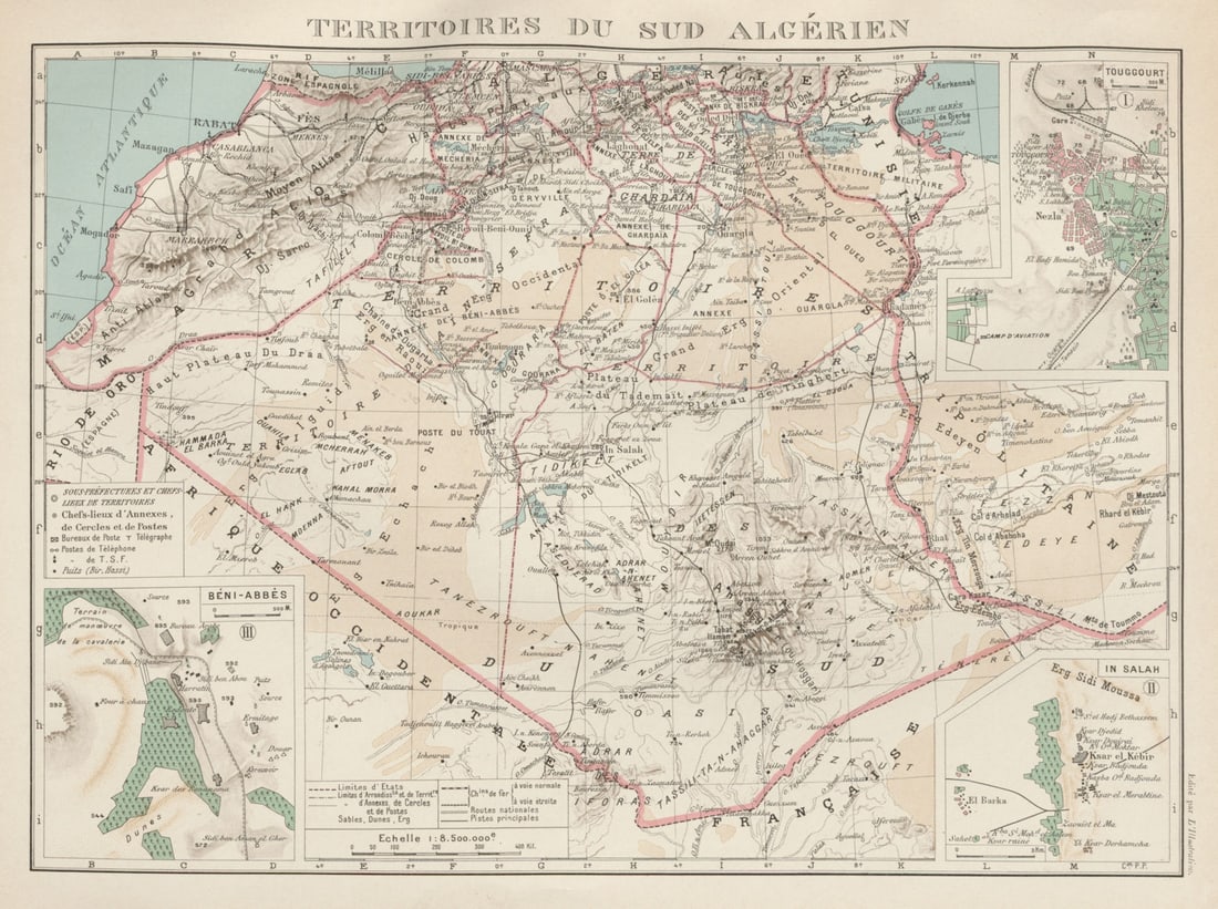 FRENCH ALGERIA. Territoires sud Algerien. Béni-Abbès Touggourt In Salah 1929 map: Title: FRENCH ALGERIA. Territoires sud Algerien. Béni-Abbès Touggourt In Salah 1929 map Description: Territoires du sud Algerien. Inset: Béni-Abbès; Touggourt; In Salah'.