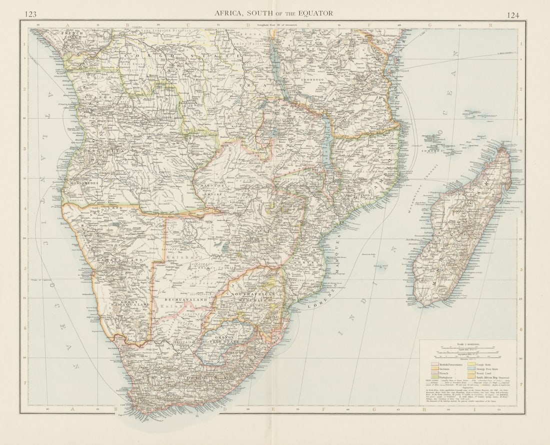 Colonial Southern Africa. British Portuguese German. Madagascar. TIMES 1900 map: Title: Colonial Southern Africa. British Portuguese German. Madagascar. TIMES 1900 map Description: Africa, South of the Equator' by Times, The. Published 1900. Antique colour atlas map. Size 41 x 51