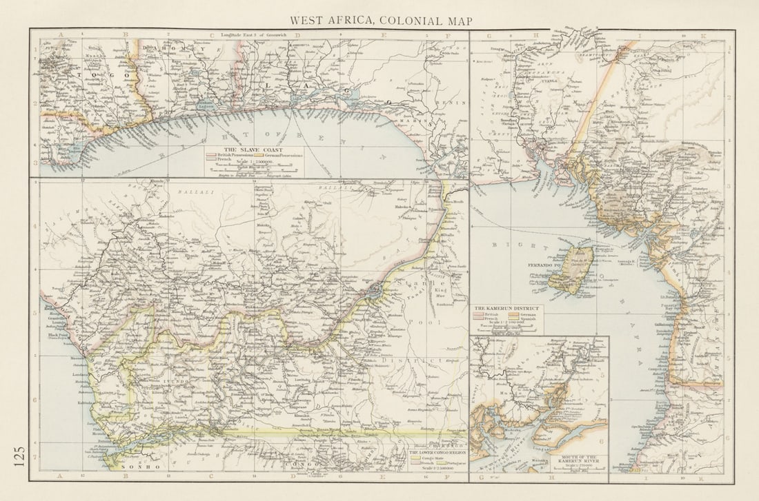 Colonial West Africa. Nigeria Cameroon Congo. British German. TIMES 1900 map: Title: Colonial West Africa. Nigeria Cameroon Congo. British German. TIMES 1900 map Description: West Africa, Colonial map' by Times, The. Published 1900. Antique colour atlas map. Size 26 x 39 cm |