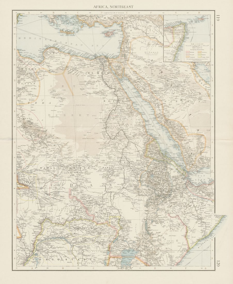 Colonial Africa North-East. Hejaz Kenya Abyssinia Colonial. THE TIMES 1900 map: Title: Colonial Africa North-East. Hejaz Kenya Abyssinia Colonial. THE TIMES 1900 map Description: Africa North-East' by Times, The. Published 1900. Antique colour atlas map. Size 51 x 42 cm | 20.0 x
