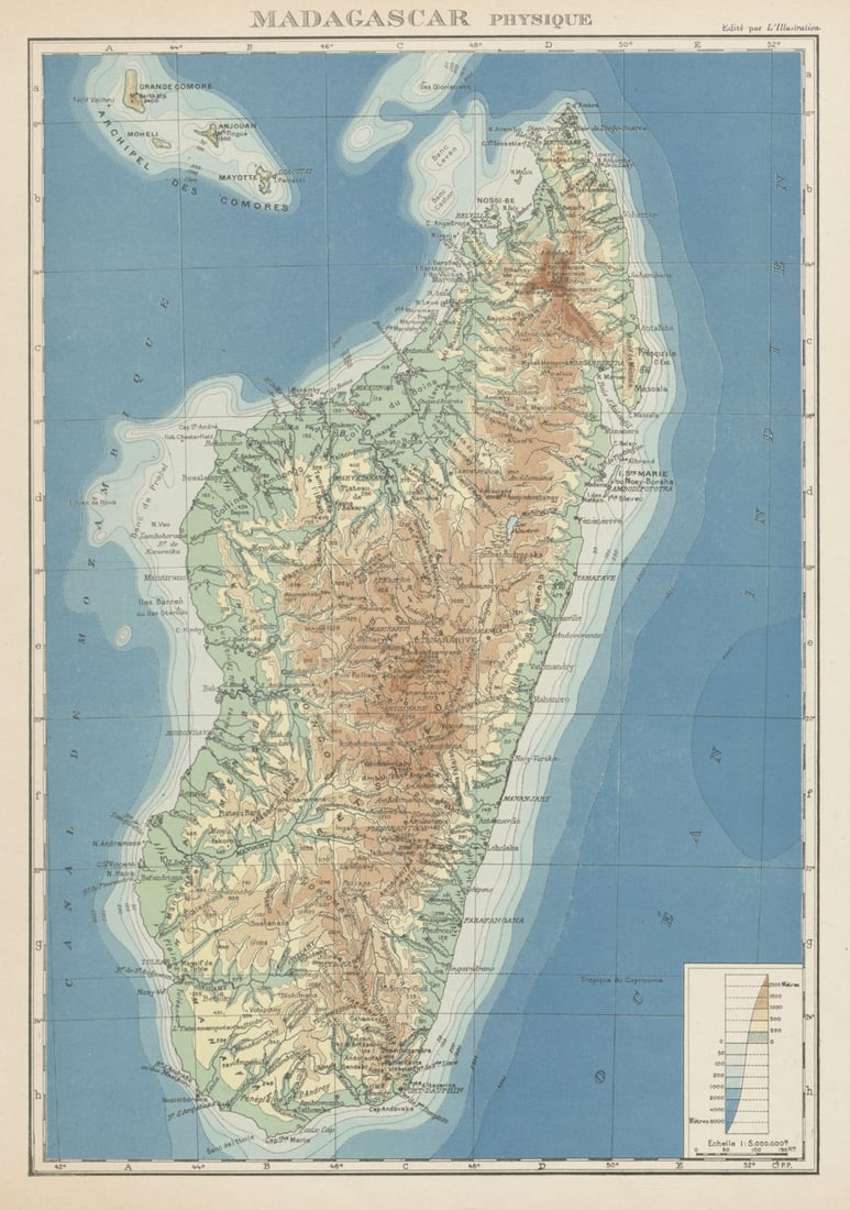 COLONIAL MADAGASCAR. Physique physical. Comoros & Mayotte 1929 old vintage map: Title: COLONIAL MADAGASCAR. Physique physical. Comoros & Mayotte 1929 old vintage map Description: Madagascar - Physique'. Commandant P. Pollacchi. Published 1929. Vintage atlas map. Size 36 x 26 cm