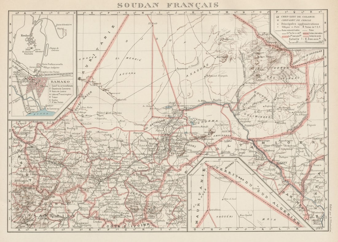 FRENCH SUDAN (Now Mali). Soudan Français. Bamako city plan de la ville 1929 map: Title: FRENCH SUDAN (Now Mali). Soudan Français. Bamako city plan de la ville 1929 map Description: Soudan Français. Inset: Bamako'. Commandant P. Pollacchi. Published 1929. Vintage atlas ma