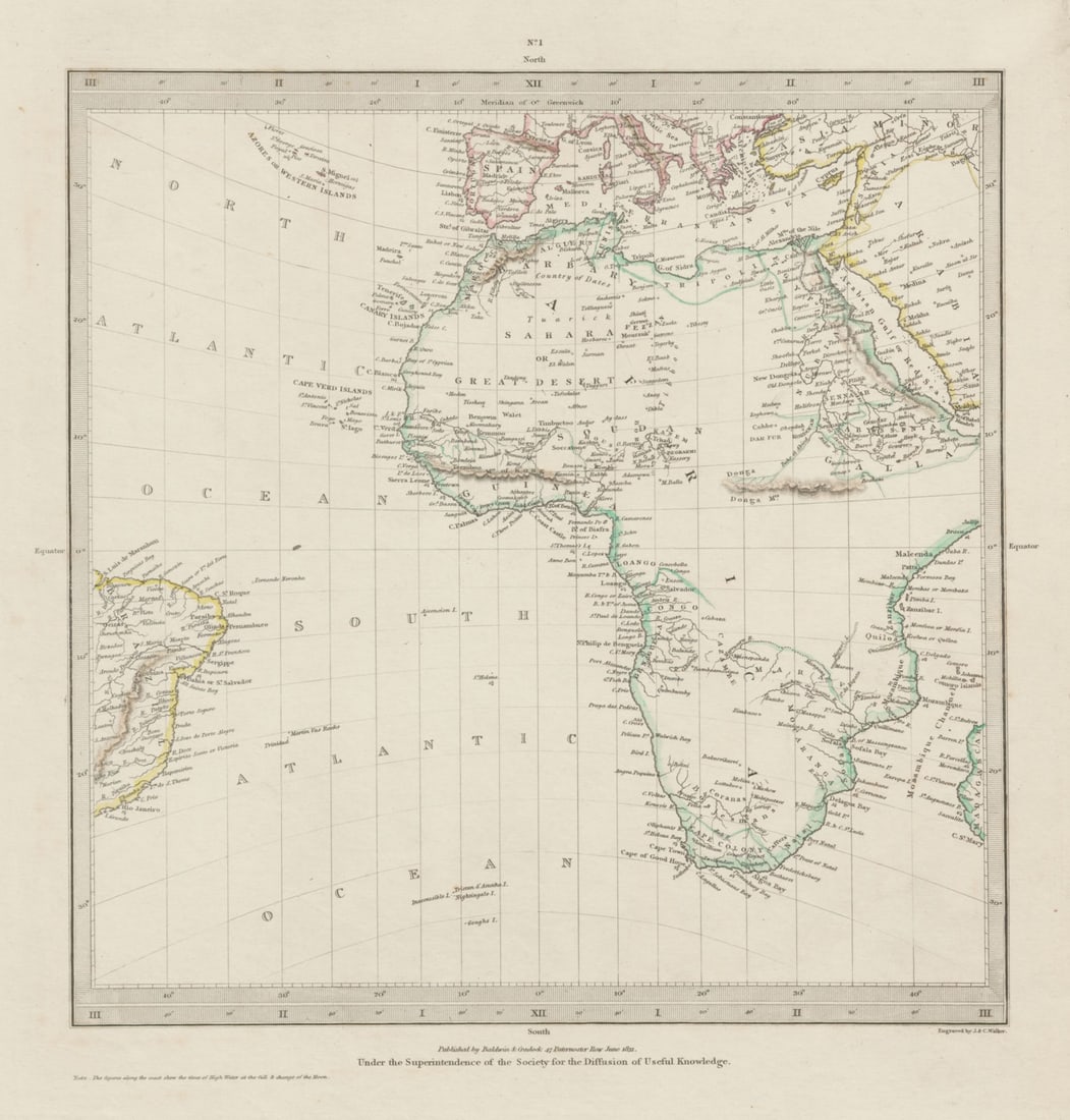 AFRICA.South Europe Brazil.Gnomonic Projection.Mountains of Kong SDUK 1844 map (1 of 1)