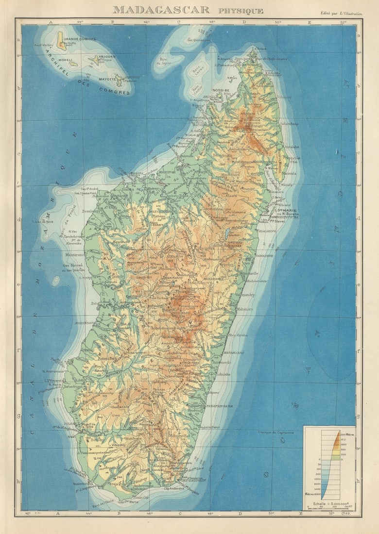 COLONIAL MADAGASCAR. Physique physical. Comoros & Mayotte 1931 old vintage map: Title: COLONIAL MADAGASCAR. Physique physical. Comoros & Mayotte 1931 old vintage map Description: Madagascar - Physique'. Commandant P. Pollacchi. Published 1931. Vintage atlas map. Size 36 x 26 cm