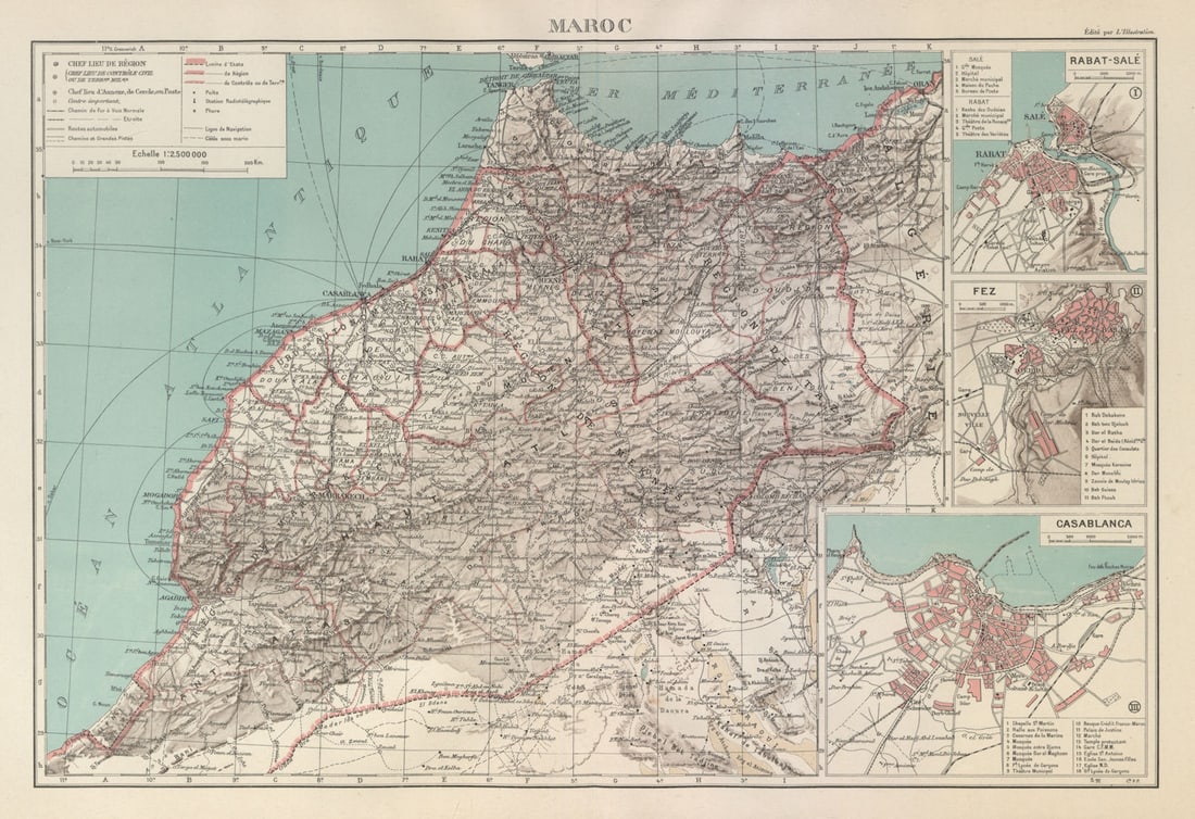FRENCH MOROCCO. Maroc Protectorat français. Rabat Fez Casablanca plans 1931 map: Title: FRENCH MOROCCO. Maroc Protectorat français. Rabat Fez Casablanca plans 1931 map Description: Maroc. Inset: Rabat-Salé; Fez; Casablanca'. Commandant P. Pollacchi. Published 1931.