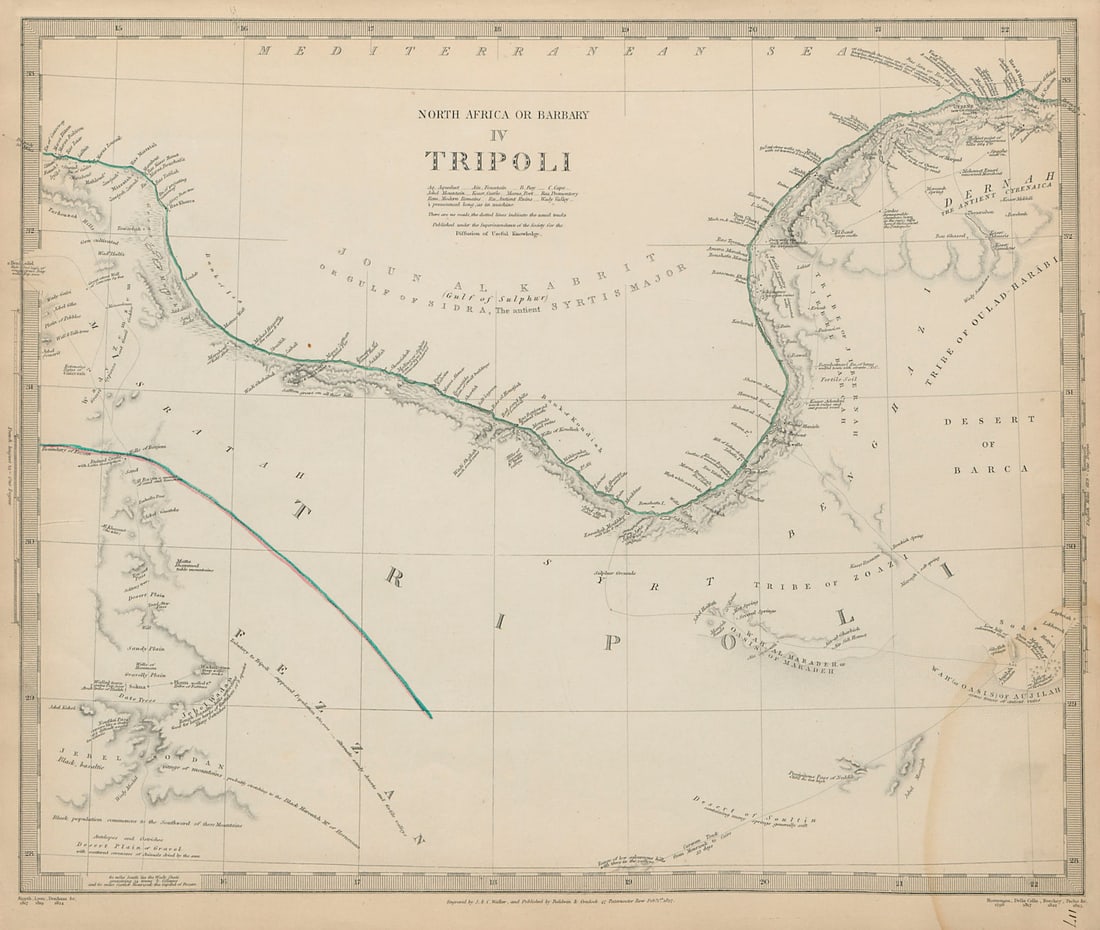 NORTH AFRICA or BARBARY. Tripoli. Libya Gulf of Sidra Sirte Fezzan SDUK 1844 map: Title: NORTH AFRICA or BARBARY. Tripoli. Libya Gulf of Sidra Sirte Fezzan SDUK 1844 map Description: NORTH AFRICA OR BARBARY, IV., TRIPOLI'. Cartography by Smyth, Lyon, Denham &c; engraved by J & C Wa