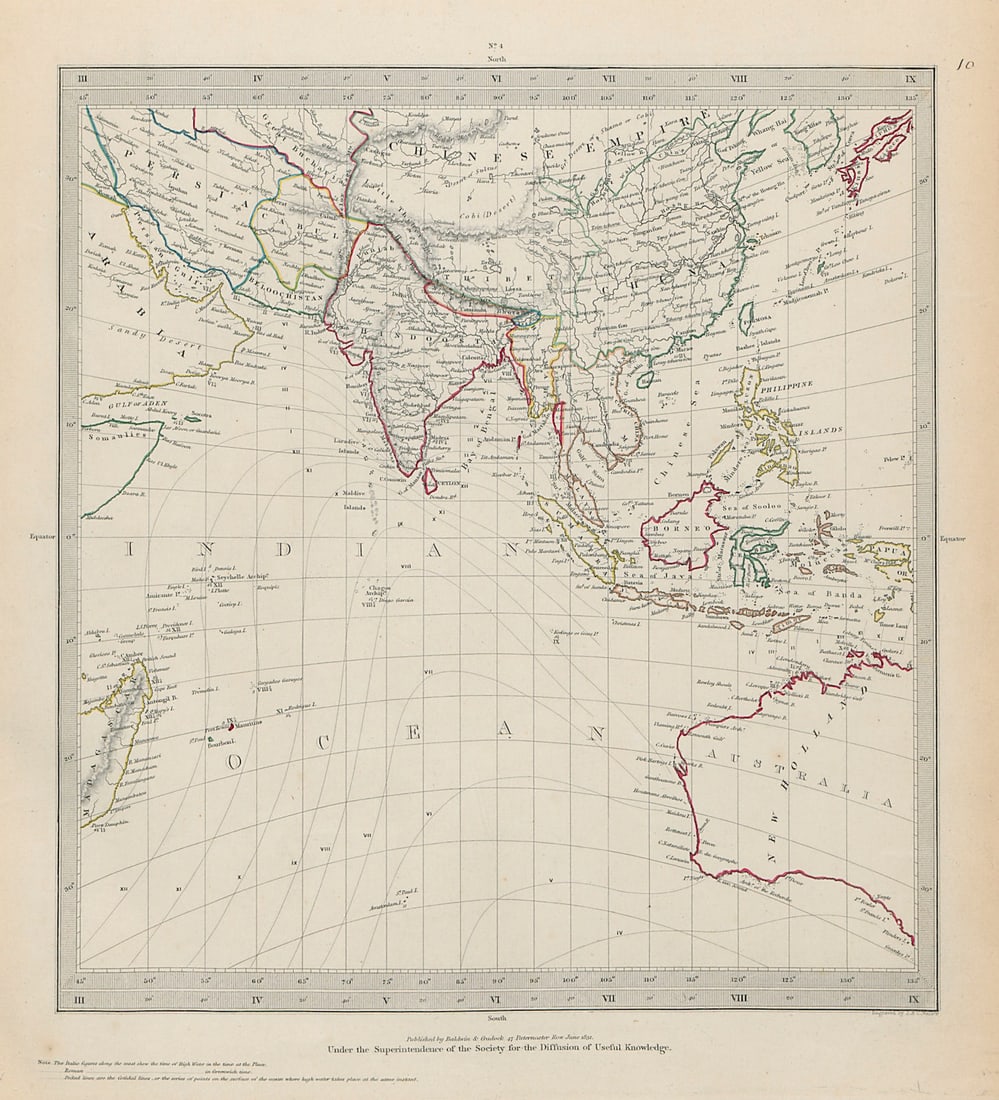 SOUTH ASIA AUSTRALIA Indian Ocean Gnomonic Projection China SDUK 1844 old map (1 of 1)