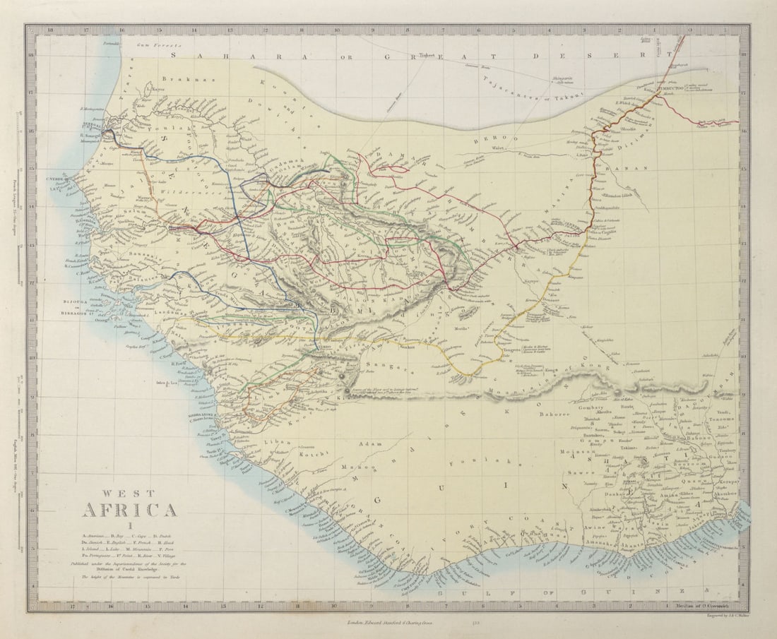 WEST AFRICA Explorers' routes Senegal Ashanti. Mountains of Kong. SDUK 1857 map: Title: WEST AFRICA Explorers' routes Senegal Ashanti. Mountains of Kong. SDUK 1857 map Description: WEST AFRICA, I [Senegal River to Cape St Paul]. The map shows the routes followed by the explorers