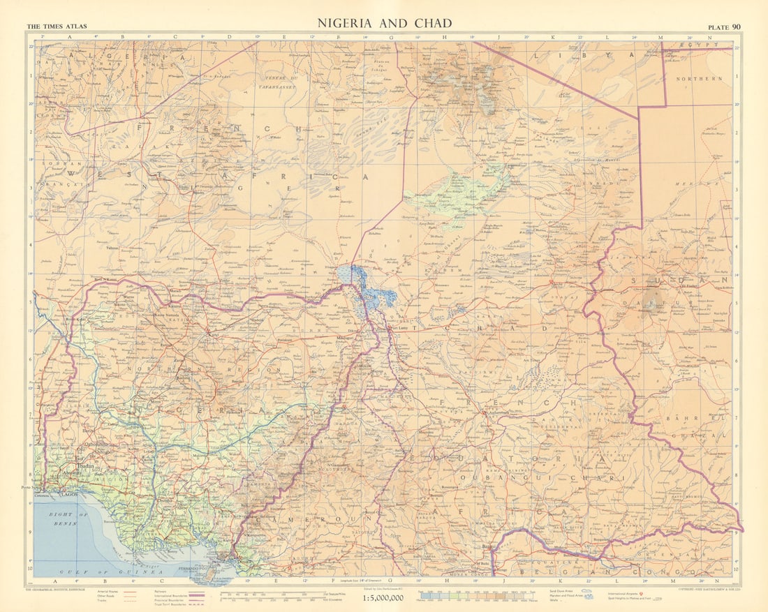 Nigeria & Chad. French West & Equatorial Africa. Cameroon. TIMES 1956 old map: Title: Nigeria & Chad. French West & Equatorial Africa. Cameroon. TIMES 1956 old map Description: Nigeria and Chad'. John Bartholomew & son. Published 1956. Vintage coloured map. Size 48 x 60 cm | 18.