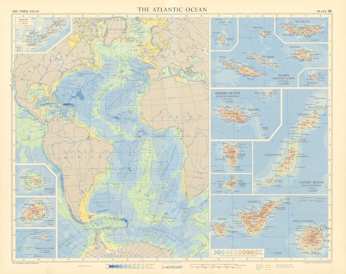 Atlantic Ocean islands. Canary Azores Madeira Bermuda Ascension. TIMES 1956 map: Title: Atlantic Ocean islands. Canary Azores Madeira Bermuda Ascension. TIMES 1956 map Description: The Atlantic Ocean // Bermuda // Ascension // St Helena // Tristan da Cunha // Flores // Azores //