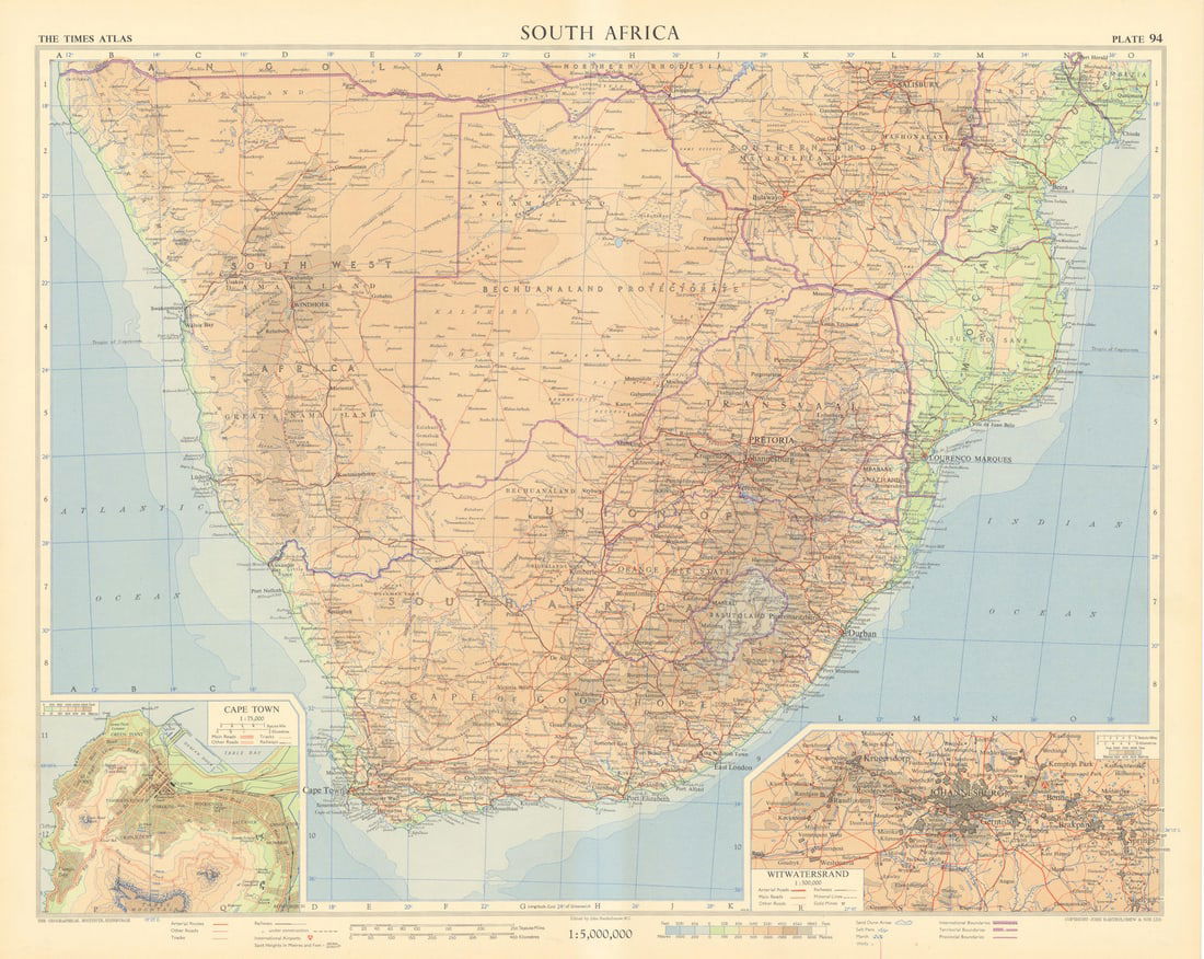 Southern Africa. Cape Town environs. Witwatersrand Johannesburg. TIMES 1956 map (1 of 1)