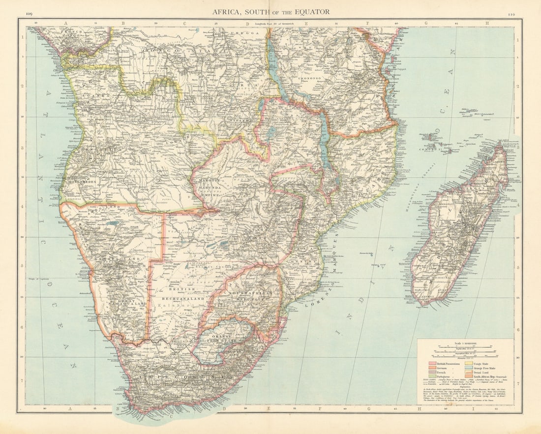 Colonial Southern Africa. British Portuguese German. Madagascar. TIMES 1895 map: Title: Colonial Southern Africa. British Portuguese German. Madagascar. TIMES 1895 map Description: Africa, South of the Equator' by Times, The. Published 1895. Antique colour atlas map. Size 41 x 51