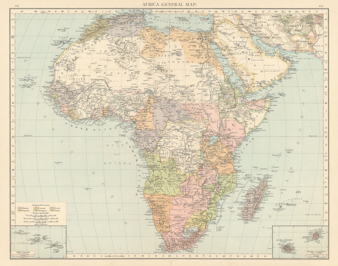 Colonial Africa. British German French Spanish Portuguese Italian TIMES 1895 map: Title: Colonial Africa. British German French Spanish Portuguese Italian TIMES 1895 map Description: Africa (General map)' by Times, The. Published 1895. Antique colour atlas map. Size 40 x 51 cm | 15