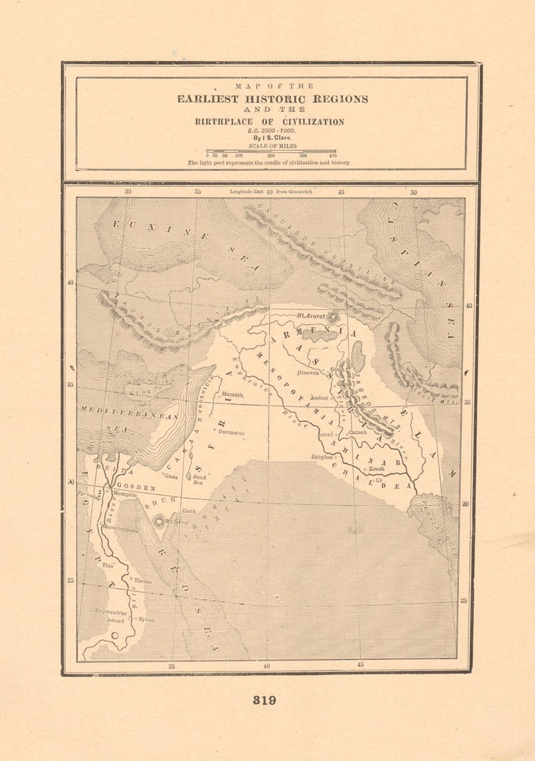 Birthplaces of Civilization 3000-1000 BC. Iraq Egypt Nile. CLARE 1894 old map (1 of 1)