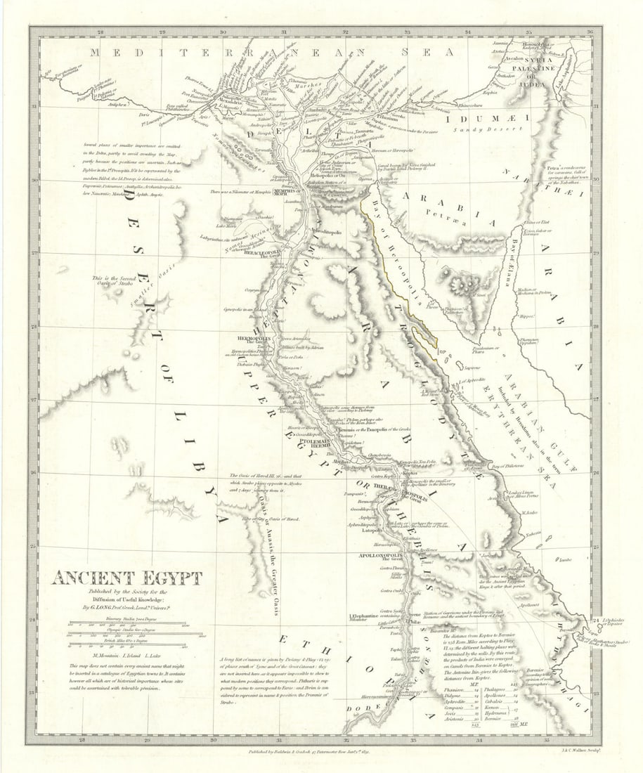 ANCIENT EGYPT. Nile Valley. Original outline colour. SDUK 1844 old antique map (1 of 1)