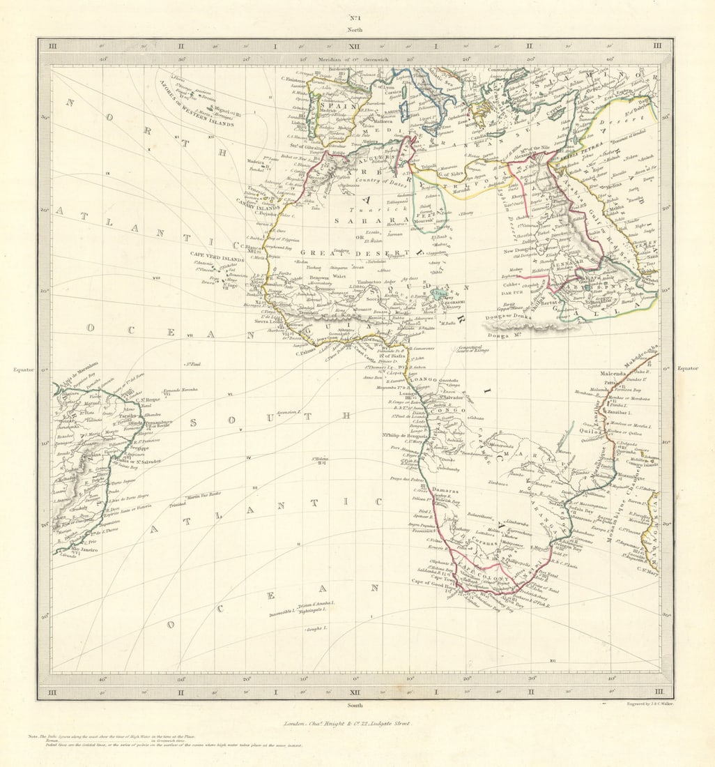 AFRICA South Europe Brazil Gnomonic Projection. Mountains of Kong. SDUK 1846 map: Title: AFRICA South Europe Brazil Gnomonic Projection. Mountains of Kong. SDUK 1846 map Description: WORLD ON GNOMONIC PROJECTION, I., Africa and South Europe'. Marked on this map are the Mountains