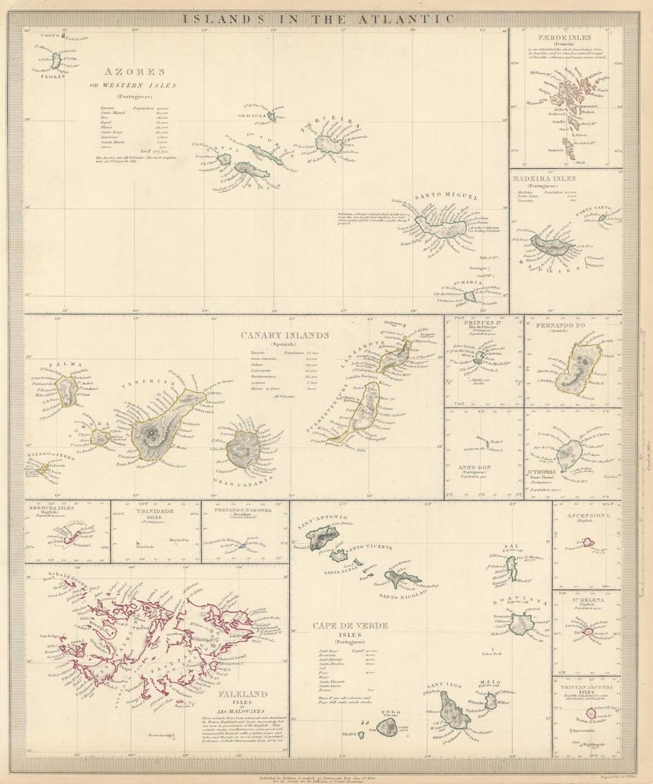 ATLANTIC ISLANDS.Azores Faeroes Madeira Canary Bermuda Falklands.SDUK 1844 map (1 of 1)