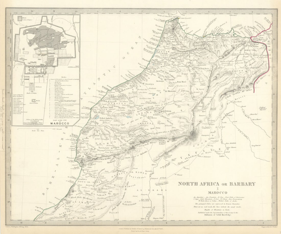 MOROCCO 'North Africa or Barbary' Marocco. Marrakech town plan. SDUK 1844 map: Title: MOROCCO 'North Africa or Barbary' Marocco. Marrakech town plan. SDUK 1844 map Description: NORTH AFRICA OR BARBARY, I., MAROCCO.; inset City of Marocco'. Cartography by Jackson, Washington, Gra