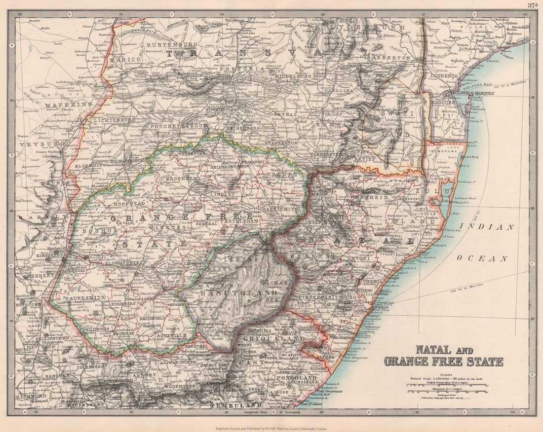 NATAL & ORANGE FREE STATE. South Africa. Transvaal. Railways. JOHNSTON 1912 map: Title: NATAL & ORANGE FREE STATE. South Africa. Transvaal. Railways. JOHNSTON 1912 map Description: Natal and Orange Free State'. W. & A.K. Johnston, Limited, Edinburgh & London. Published 1912. Antiq