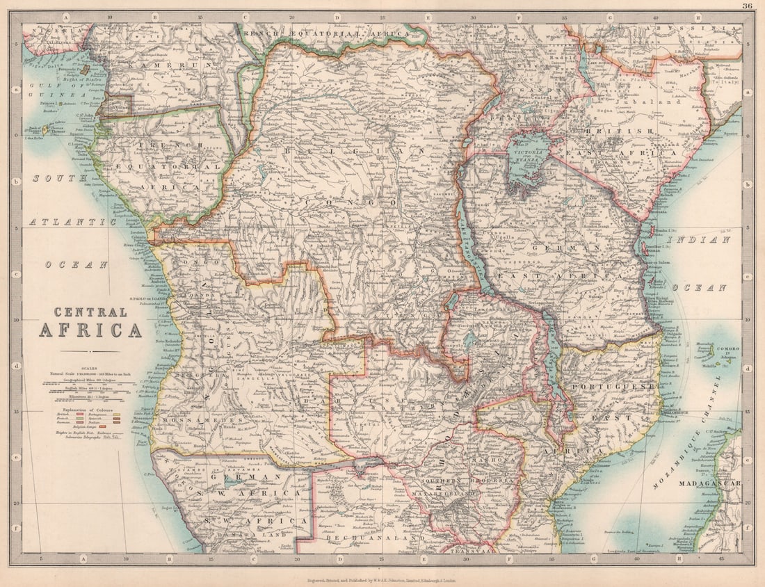 COLONIAL CENTRAL AFRICA. Kenya Tanzania Belgian Congo Angola. JOHNSTON 1912 map (1 of 1)