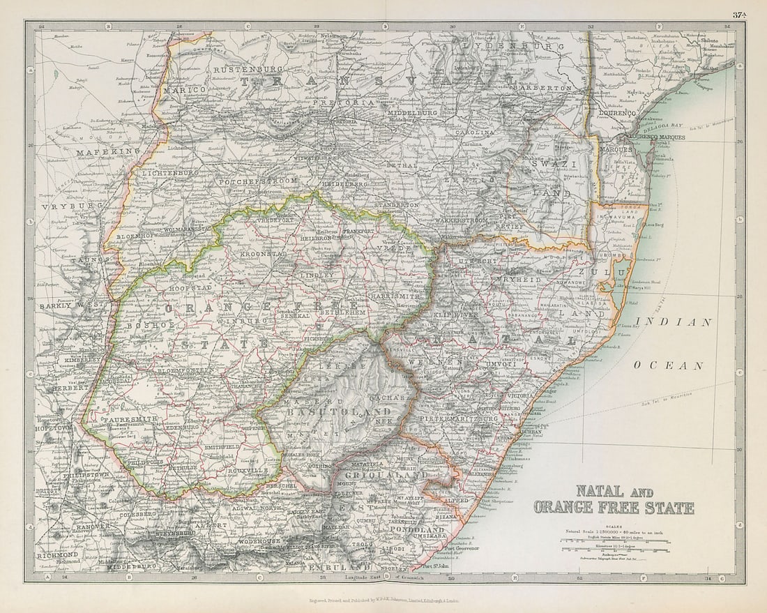 NATAL & ORANGE FREE STATE. South Africa. Transvaal. Railways. JOHNSTON 1915 map: Title: NATAL & ORANGE FREE STATE. South Africa. Transvaal. Railways. JOHNSTON 1915 map Description: Natal and Orange Free State'. W. & A.K. Johnston, Limited, Edinburgh & London. Published 1915. Antiq